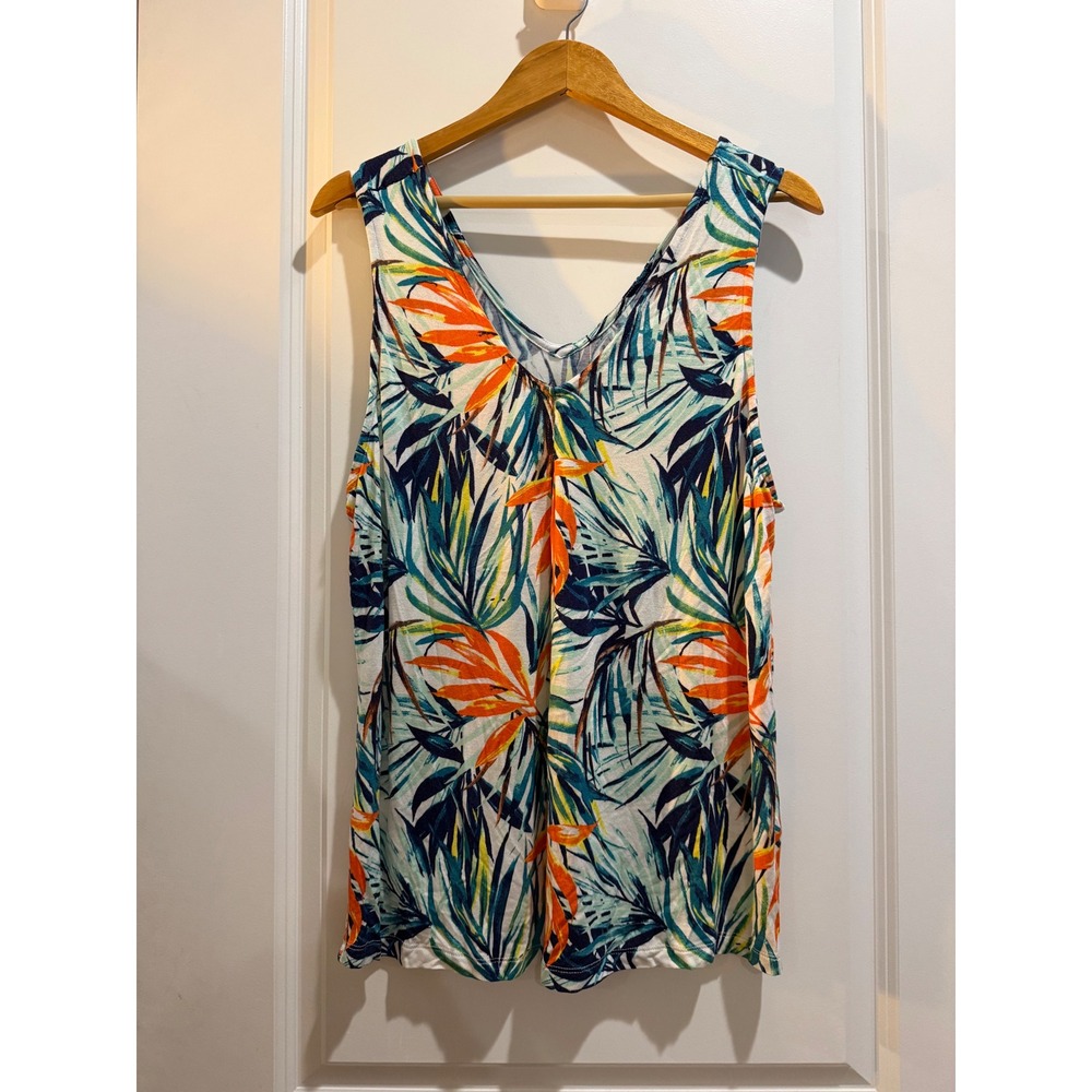 Palm Grove Tropical Floral V-Neck Tank Top XL Orange Teal Palm Leaf Sleeveless